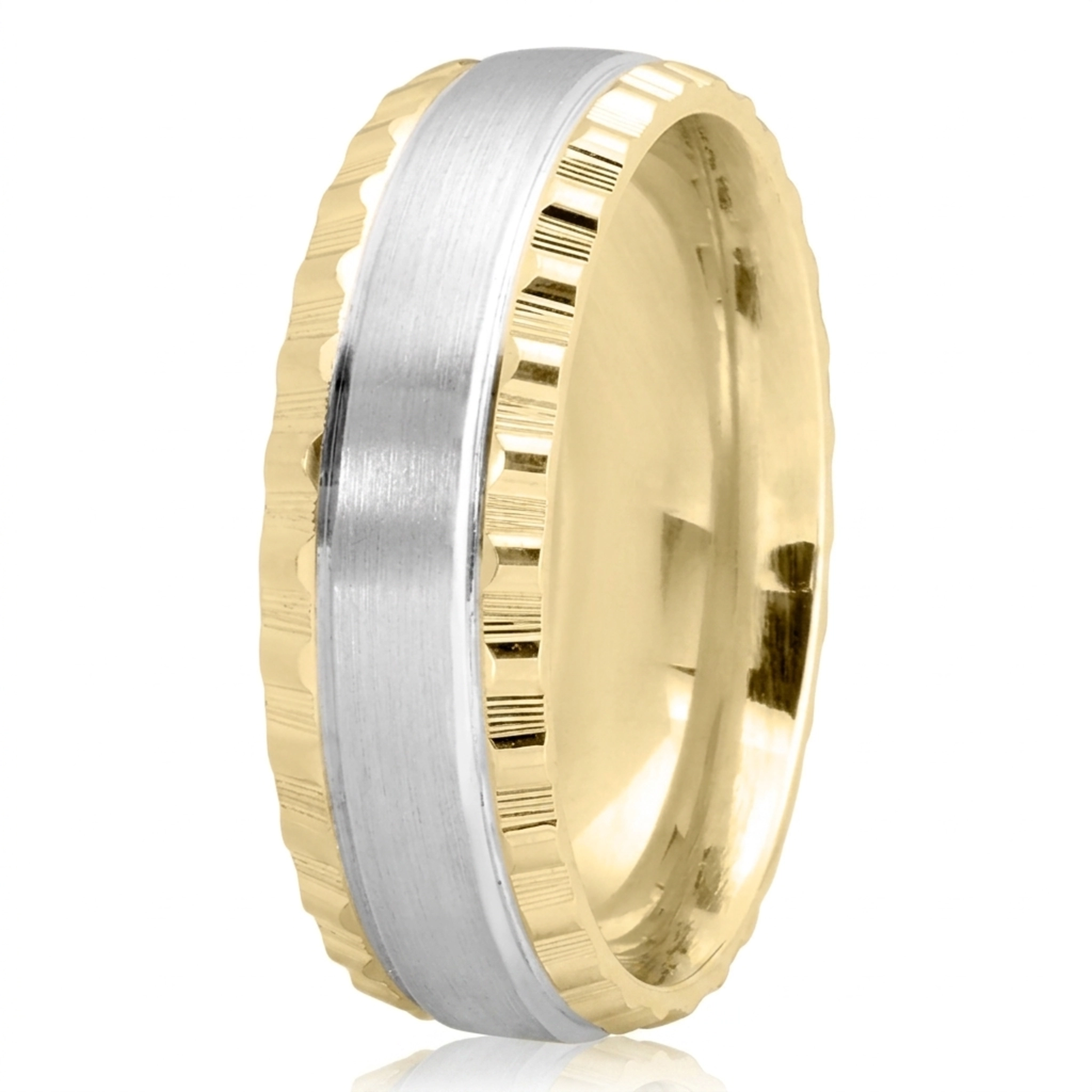 10K yellow-white-yellow gold 7mm. satin finish Grooved-Edge-Fancy-Wedding-Ring - alternate view 4
