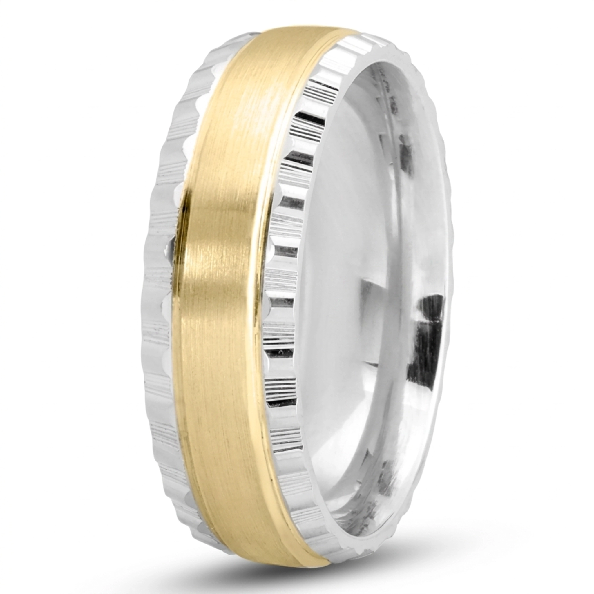 10K white-yellow-white gold 7mm. satin finish Grooved-Edge-Fancy-Wedding-Ring - alternate view 2
