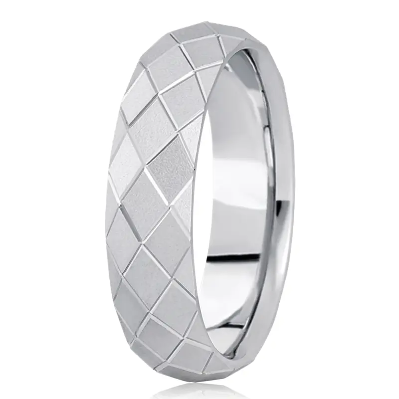 14K white gold 7mm. satin Diamond-Pattern-Wedding-Band - main view