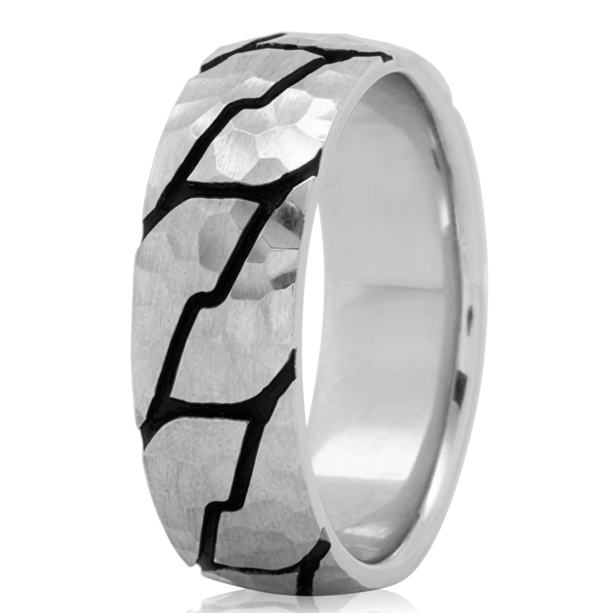 10K white gold 7mm. hammer Dark-Crack-Design-Wedding-Band - main view