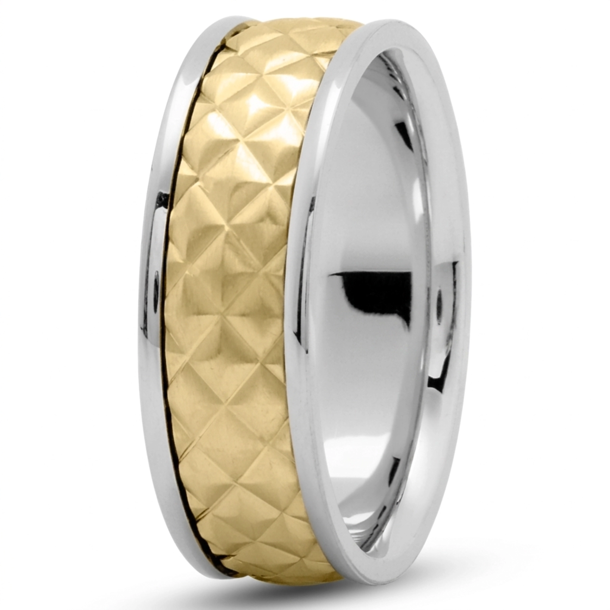 10K white-yellow-white gold 7.5mm. satin embossed-diamond-cut-wedding-ring - main view