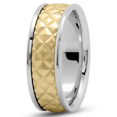 10K white-yellow-white gold 7.5mm. satin embossed-diamond-cut-wedding-ring - main view thumbnail
