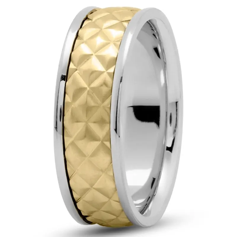 10K white-yellow-white gold 7.5mm. satin embossed-diamond-cut-wedding-ring - main view