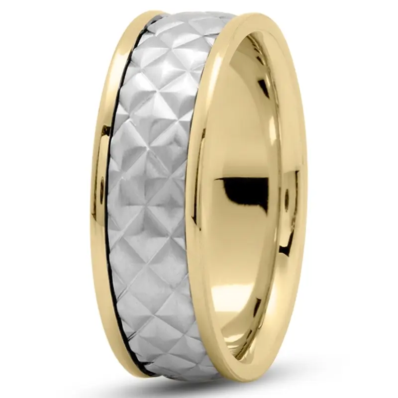 10K yellow-white-yellow gold 7.5mm. satin embossed-diamond-cut-wedding-ring - alternate view 4