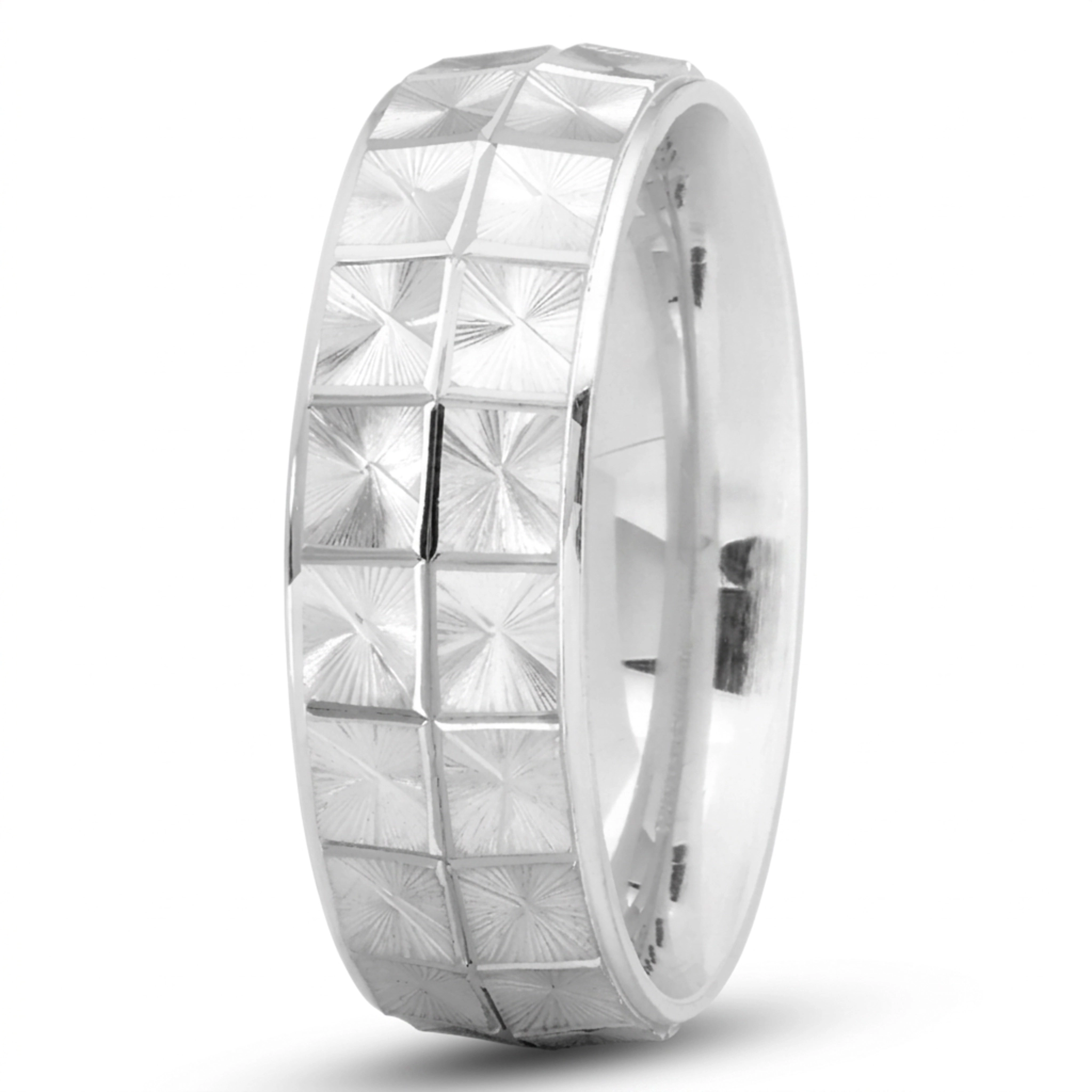 10K white gold 7mm. diamond cut symmetrical-square-cut-wedding-band - main view