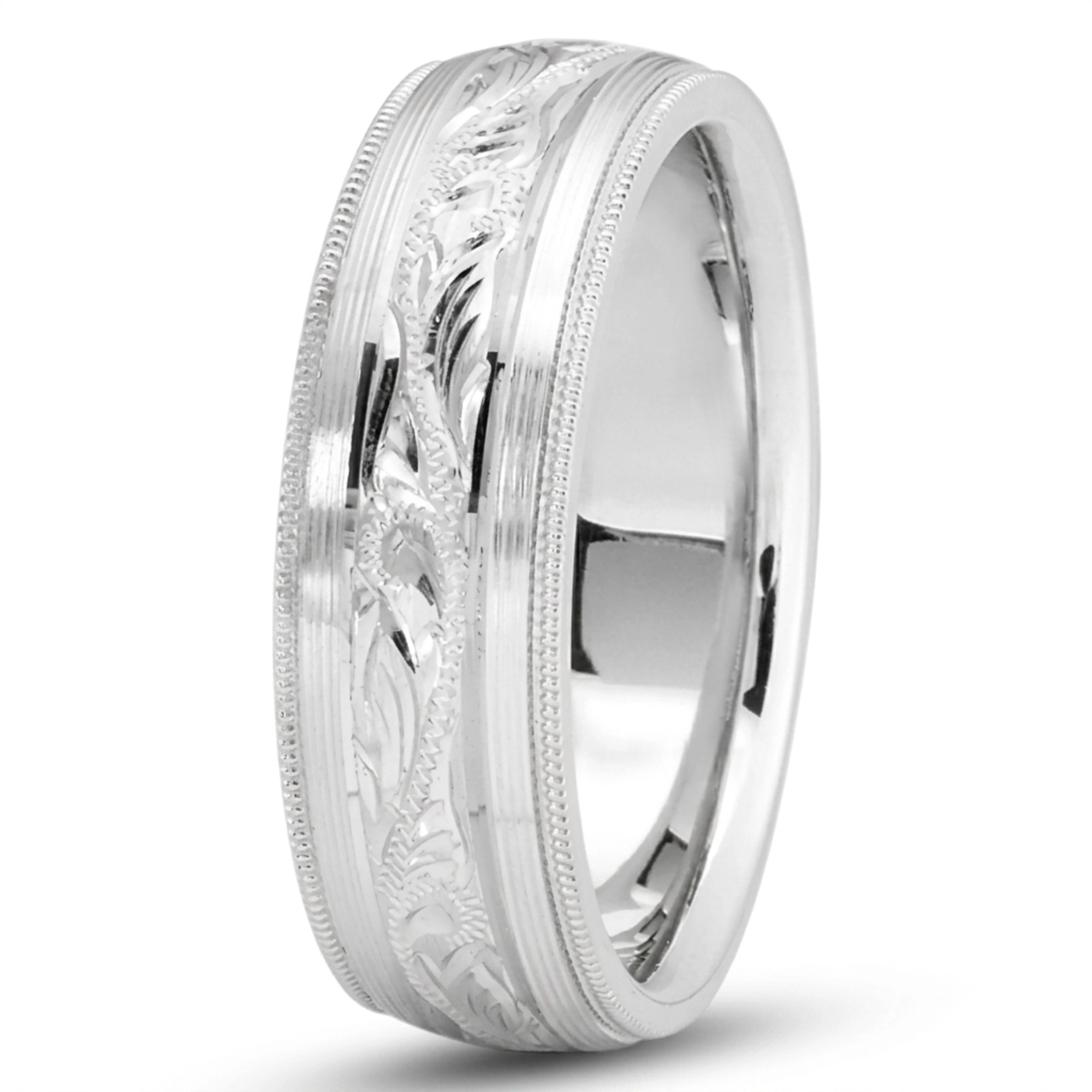 10K white gold 7mm. satin floral-carved-wedding-band - alternate view 2