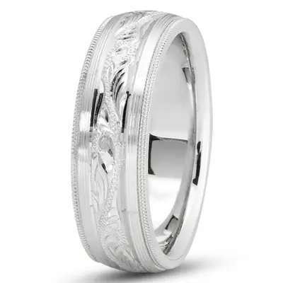 10K white gold 7mm. satin floral-carved-wedding-band - alternate view 2 thumbnail
