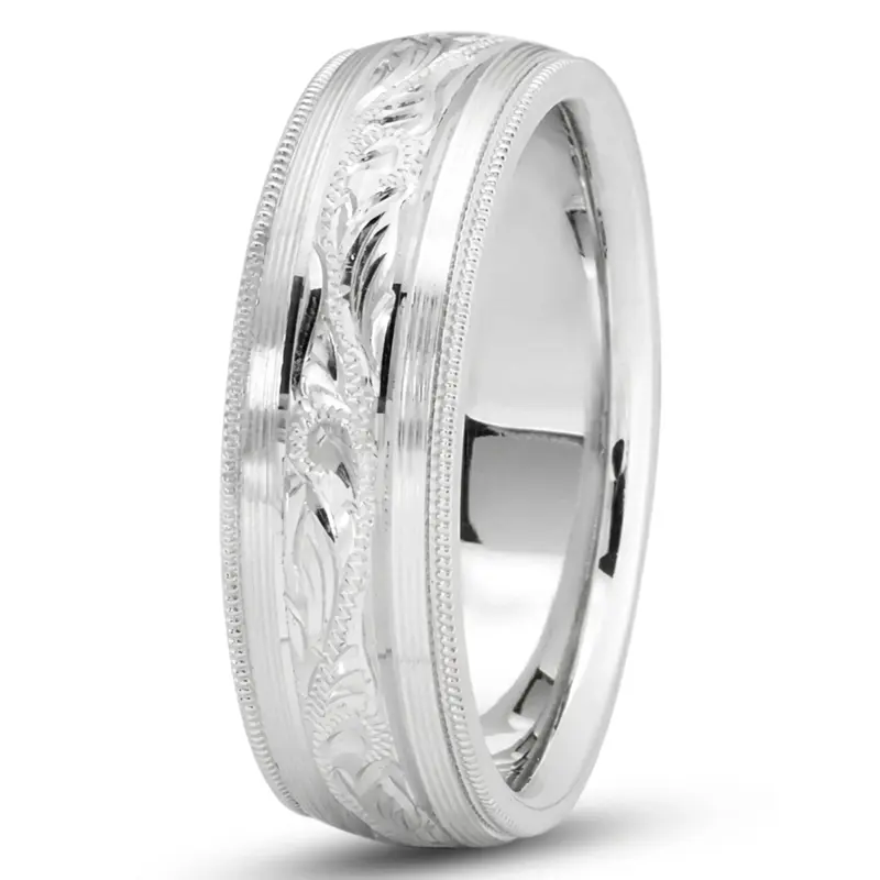10K white gold 7mm. satin floral-carved-wedding-band - alternate view 2