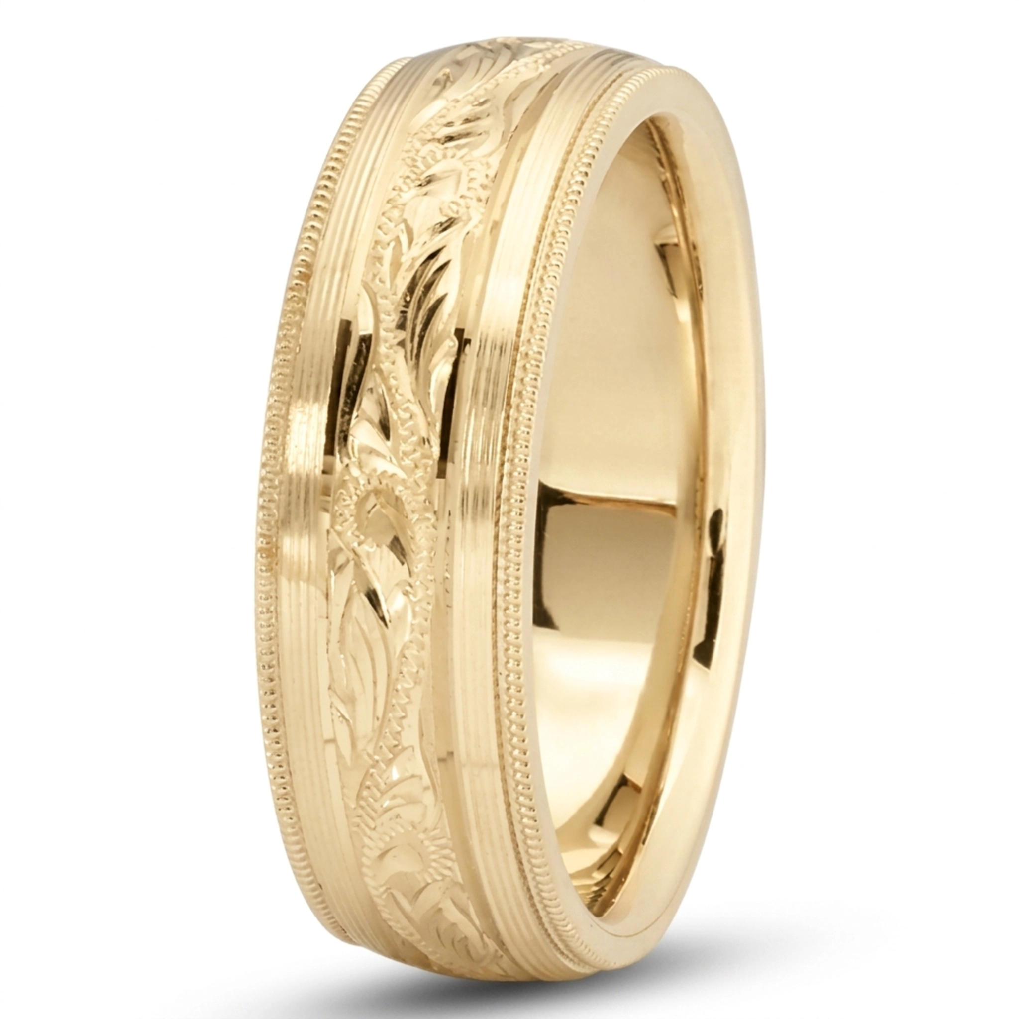 10K yellow gold 7mm. satin floral-carved-wedding-band - main view