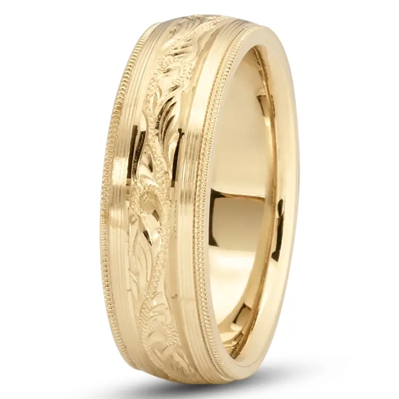 10K yellow gold 7mm. satin floral-carved-wedding-band - main view