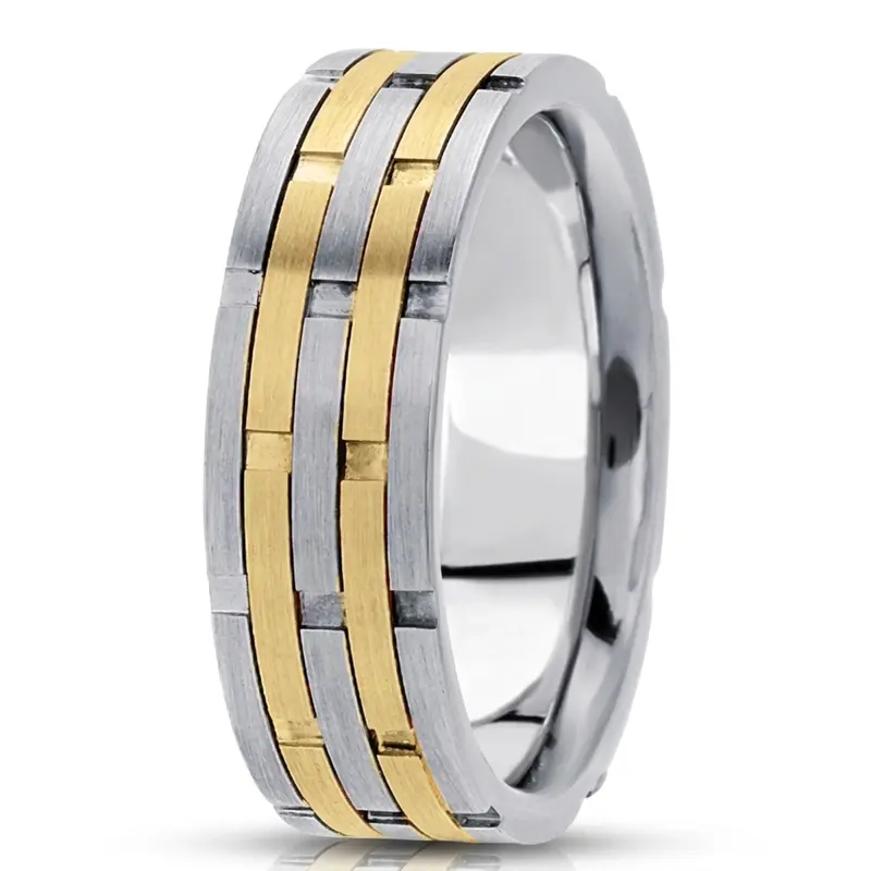 14K w-y-w-y-w gold 7.5mm. satin fancy-carved-contemporary-wedding-band - main view