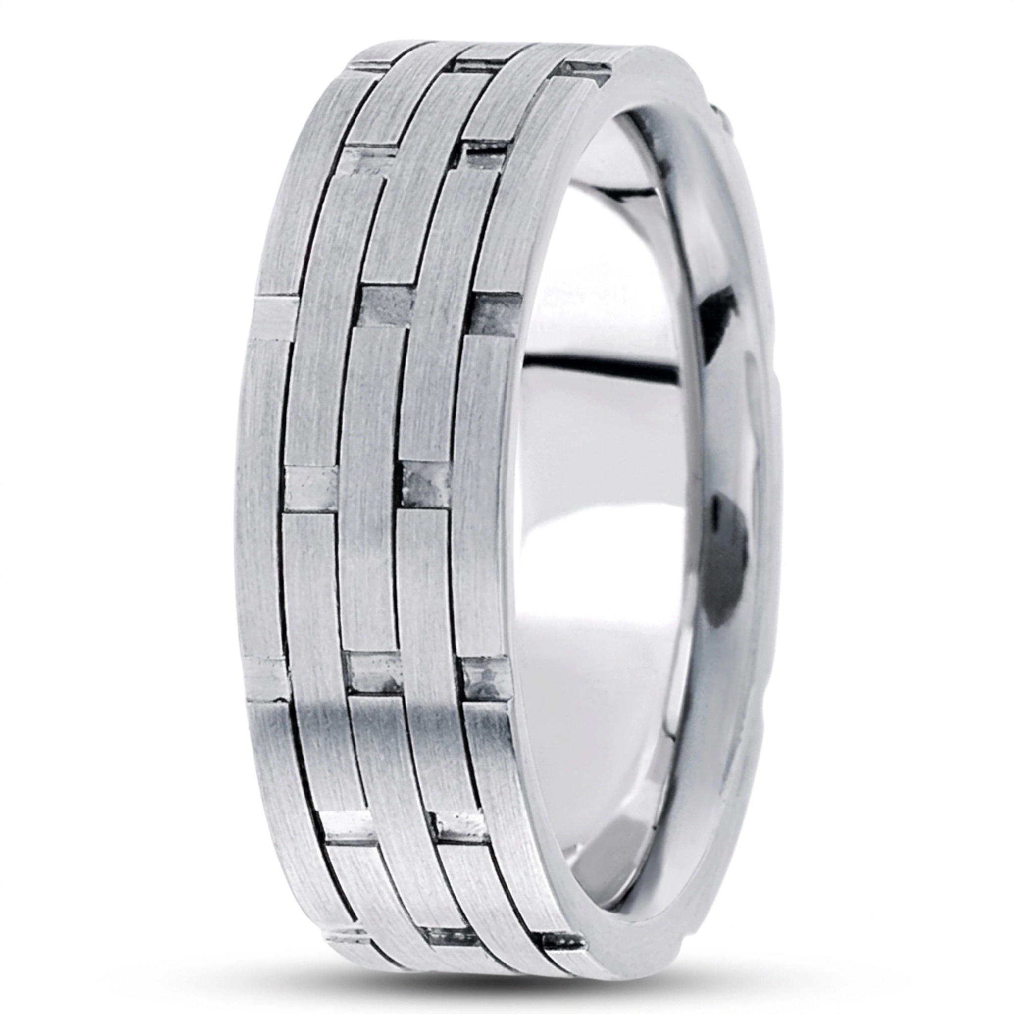 10K white gold 7.5mm. satin fancy-carved-contemporary-wedding-band - alternate view 2