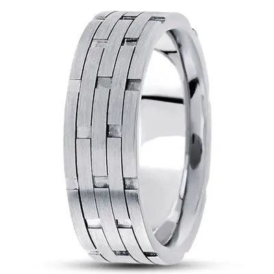 10K white gold 7.5mm. satin fancy-carved-contemporary-wedding-band - alternate view 2 thumbnail