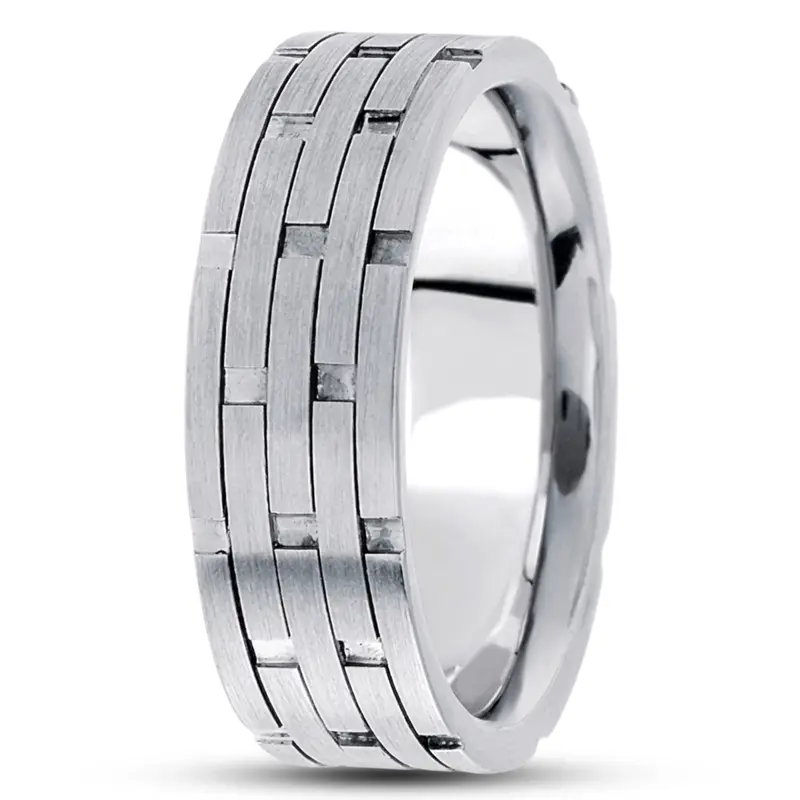 14K white gold 7.5mm. satin fancy-carved-contemporary-wedding-band - alternate view 2