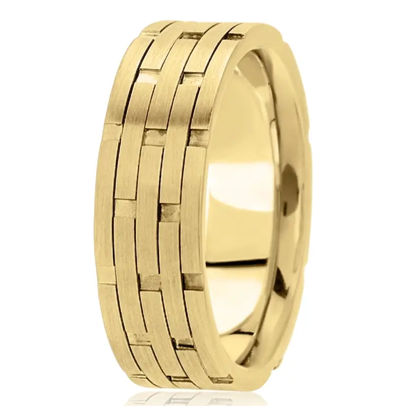 14K yellow gold 7.5mm. satin fancy-carved-contemporary-wedding-band - alternate view 3