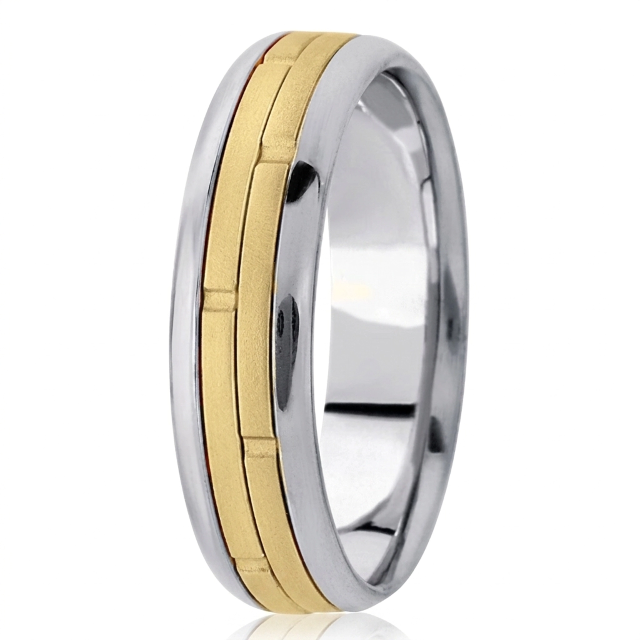 10K white-yellow-white gold 7mm. cross satin fancy-carved-contemporary-wedding-ring - main view