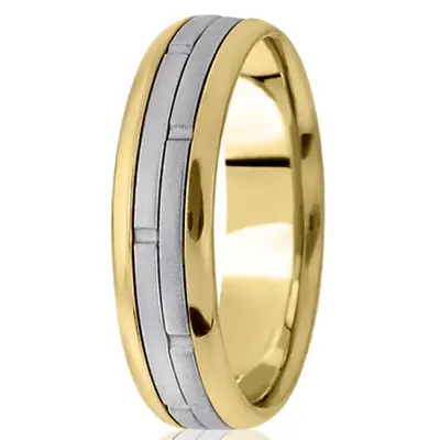 10K yellow-white-yellow gold 7mm. cross satin fancy-carved-contemporary-wedding-ring - alternate view 4 thumbnail