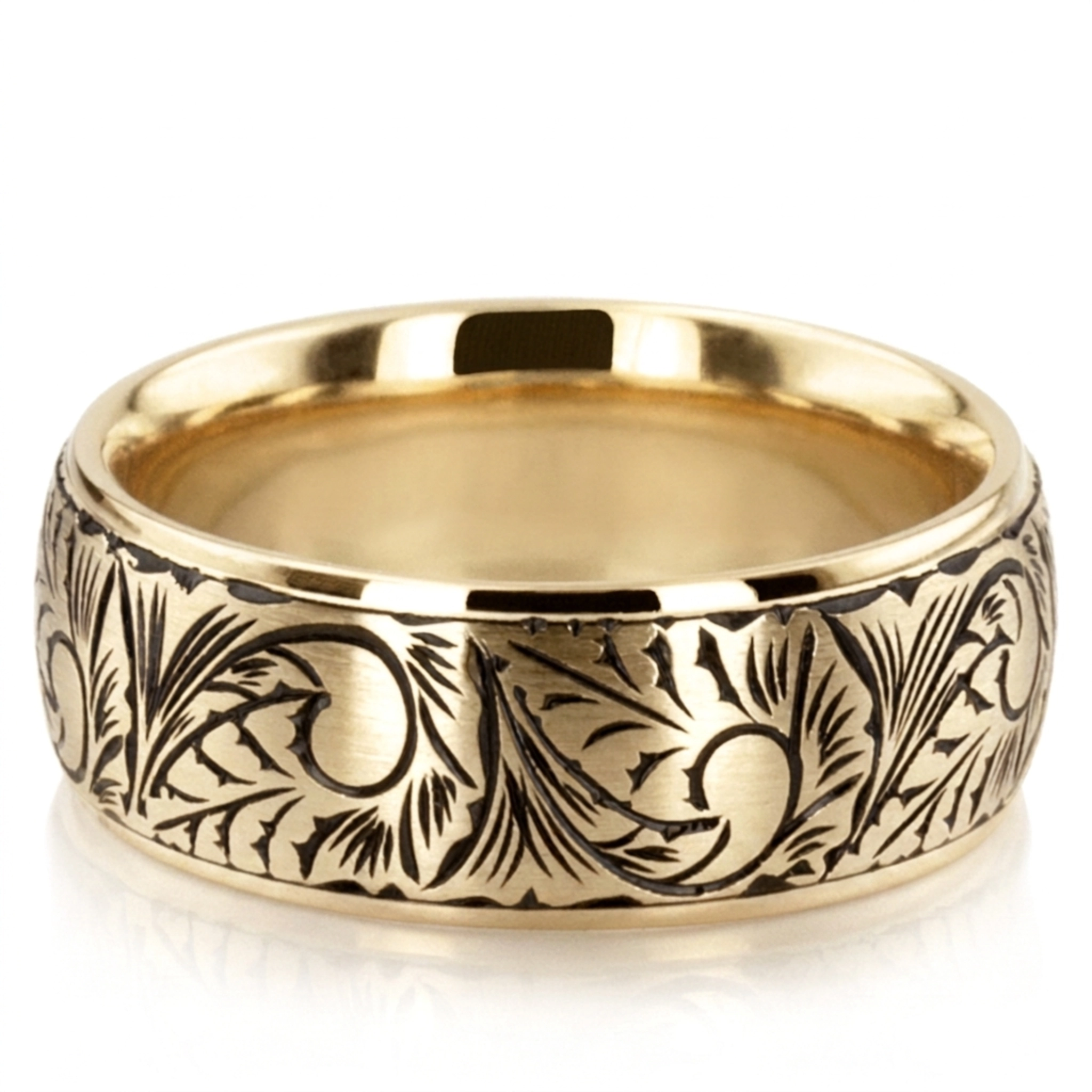 10K yellow gold 7mm. satin Floral-Hand-Engraved-Wedding-Ring - alternate view 3