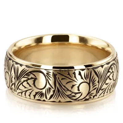 10K yellow gold 7mm. satin Floral-Hand-Engraved-Wedding-Ring - alternate view 3 thumbnail