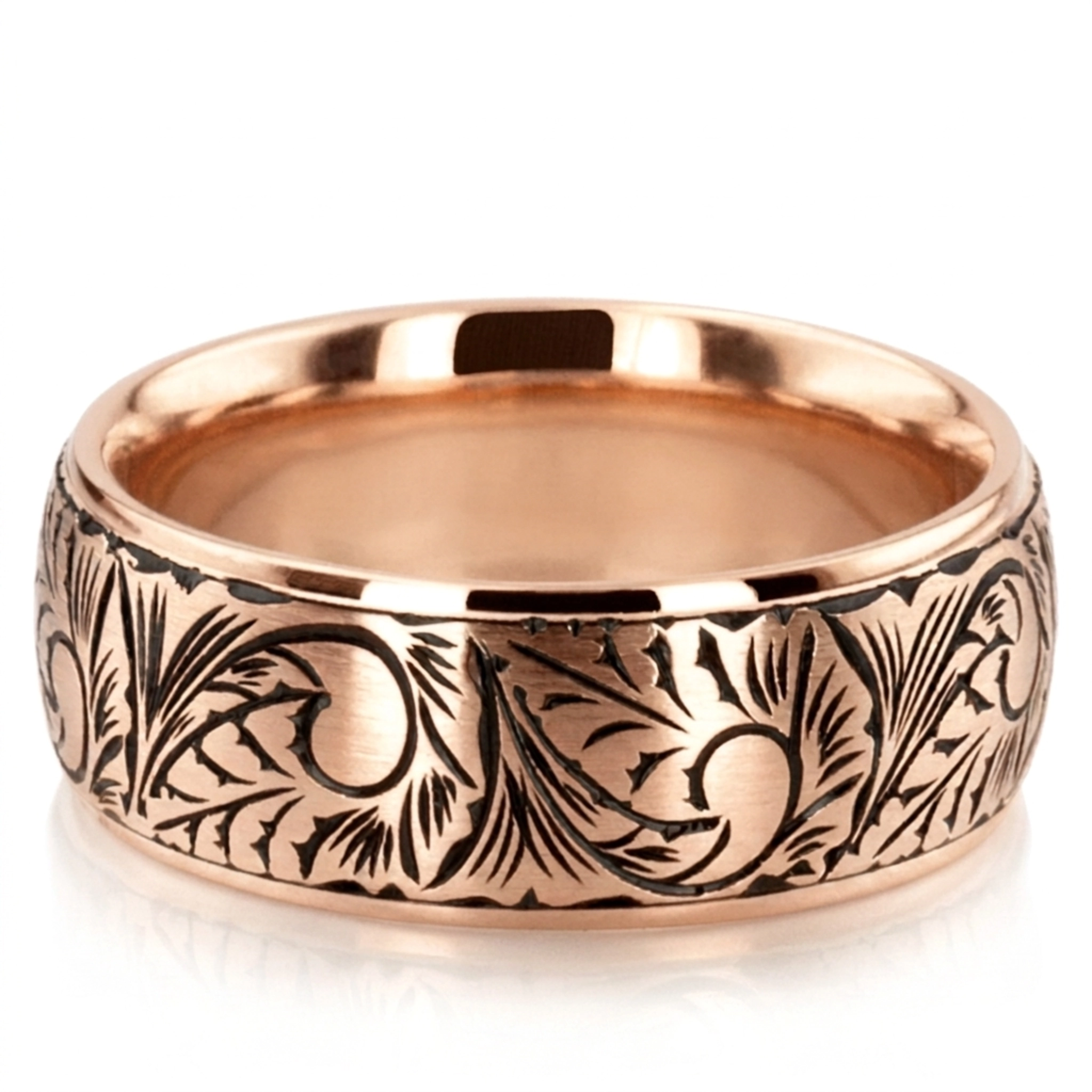 10K pink gold 7mm. satin Floral-Hand-Engraved-Wedding-Ring - alternate view 4