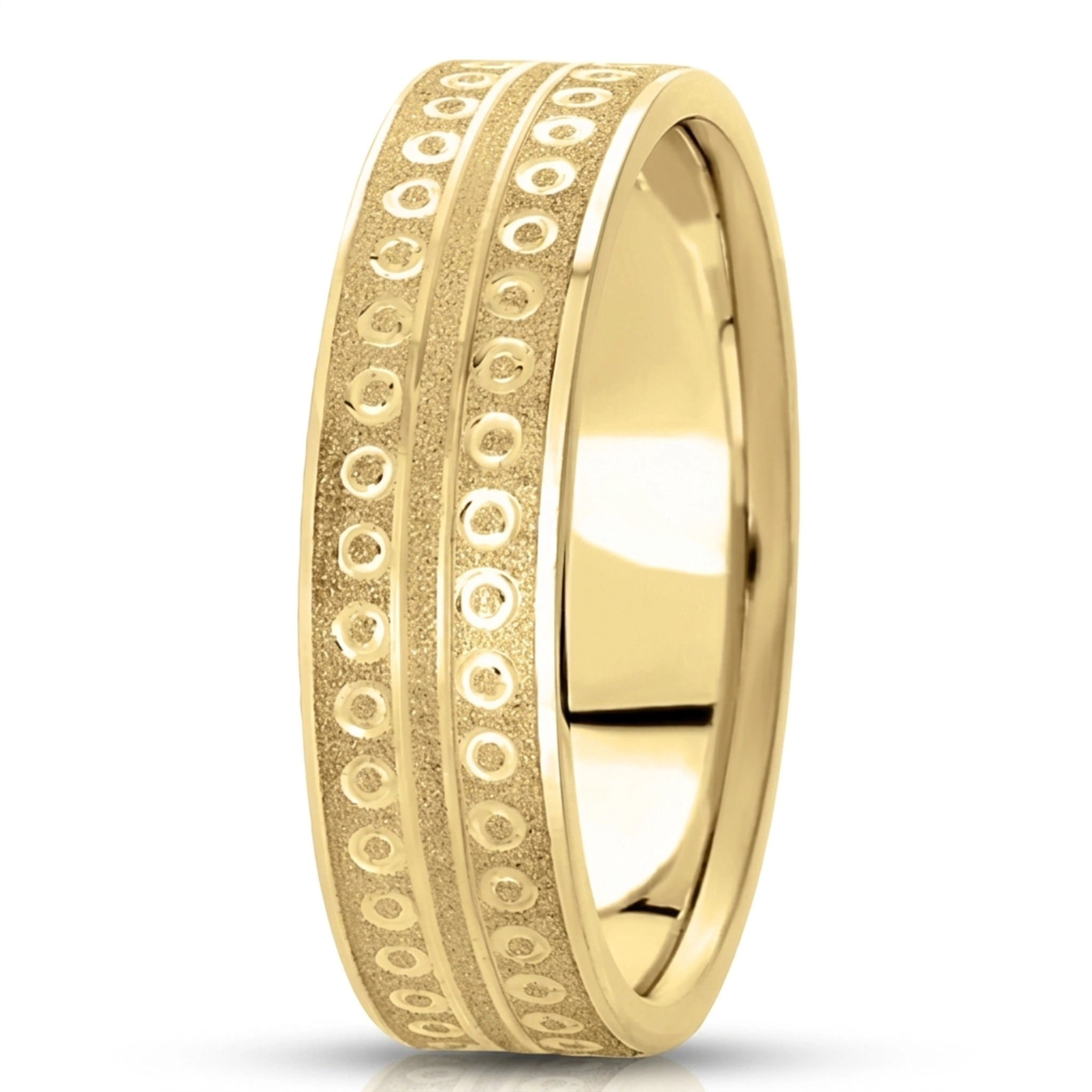 10K yellow gold 7mm. stone finish fancy-carved-diamond-cut-wedding-ring - main view
