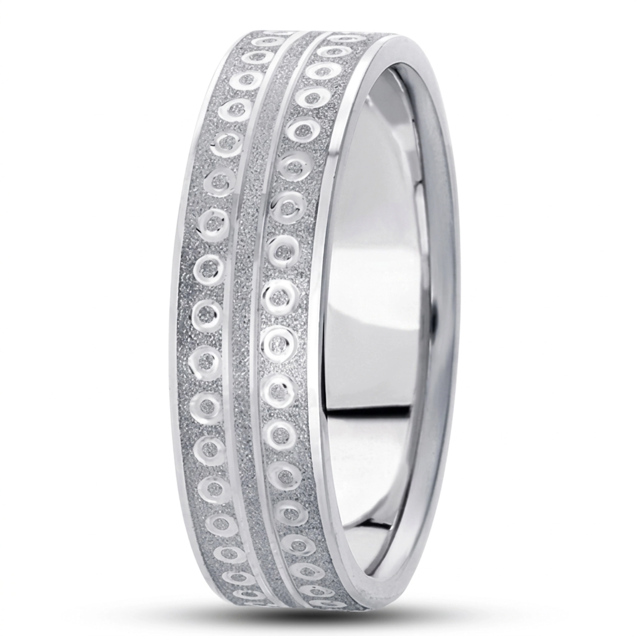 10K white gold 7mm. stone finish fancy-carved-diamond-cut-wedding-ring - alternate view 2