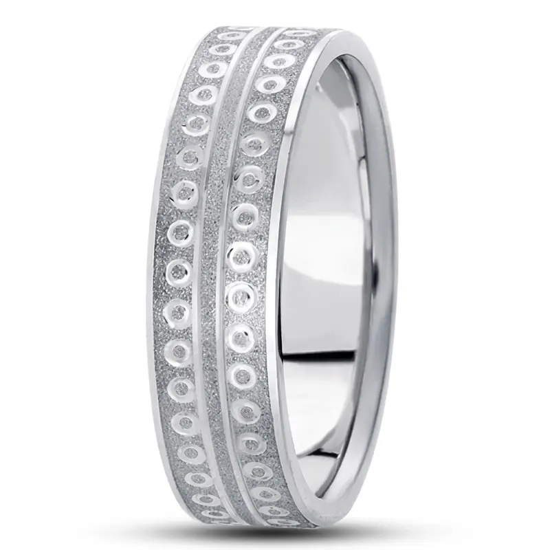 14K white gold 7mm. stone finish fancy-carved-diamond-cut-wedding-ring - alternate view 2