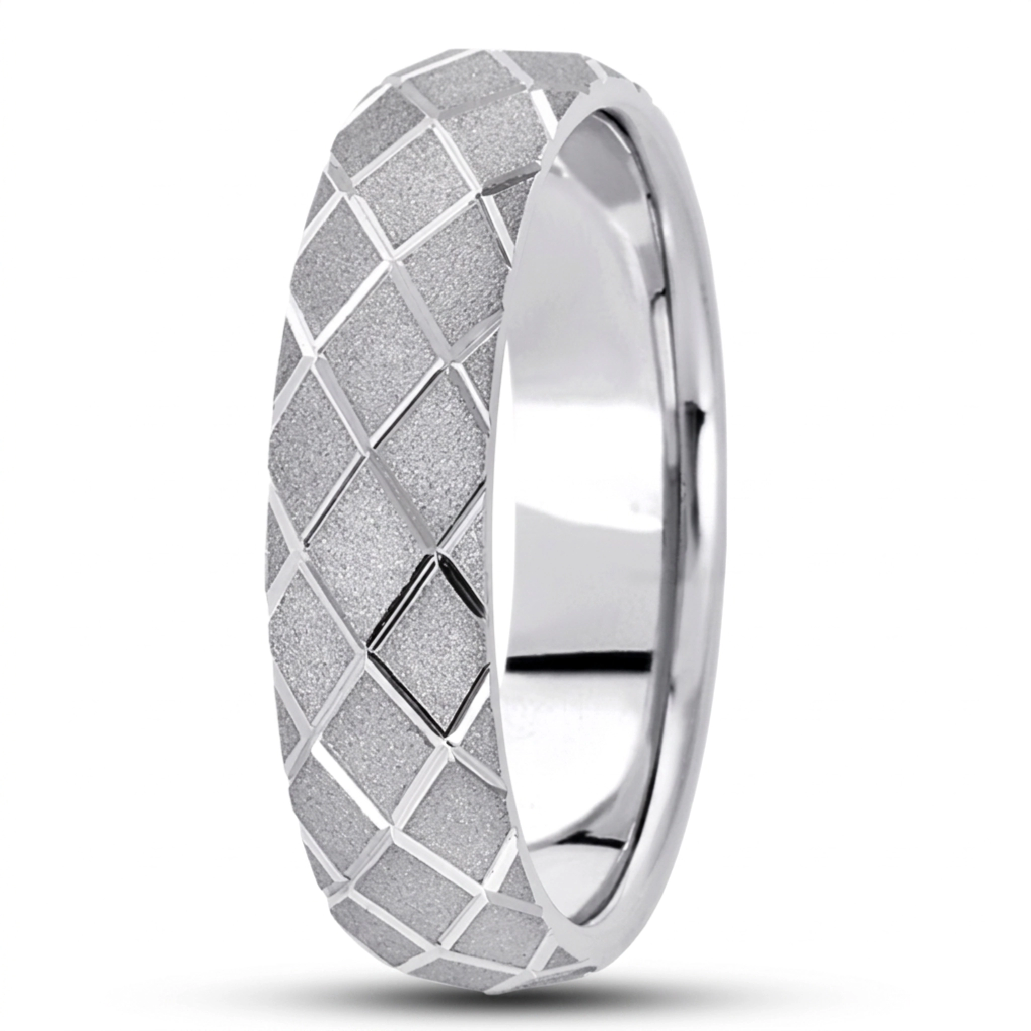 10K white gold 6mm. sand blast fancy-carved-diamond-cut-wedding-band - main view