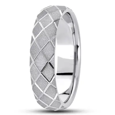 10K white gold 6mm. sand blast fancy-carved-diamond-cut-wedding-band - main view thumbnail
