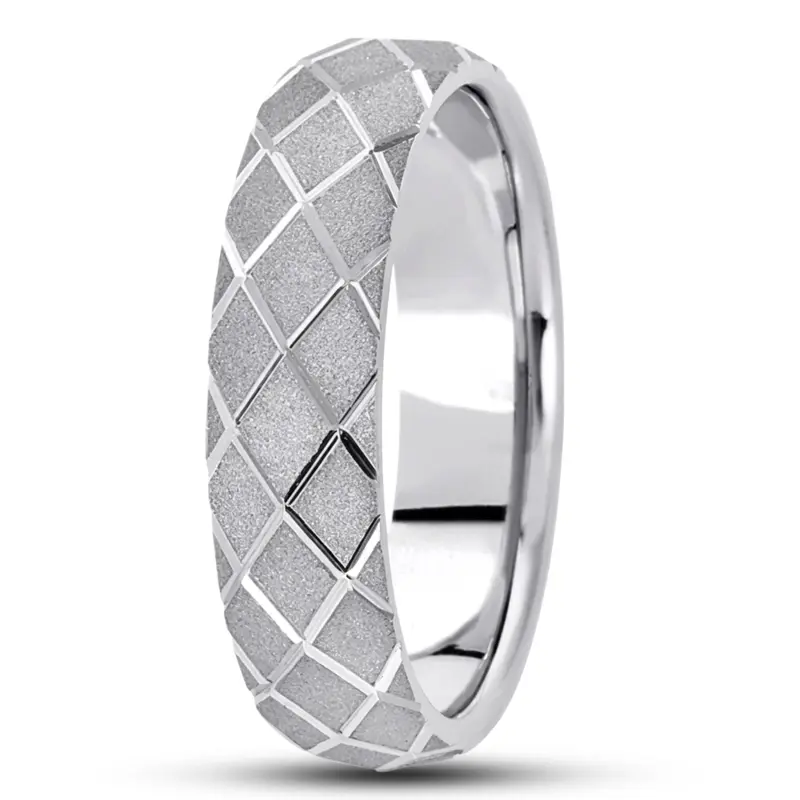10K white gold 6mm. sand blast fancy-carved-diamond-cut-wedding-band - main view