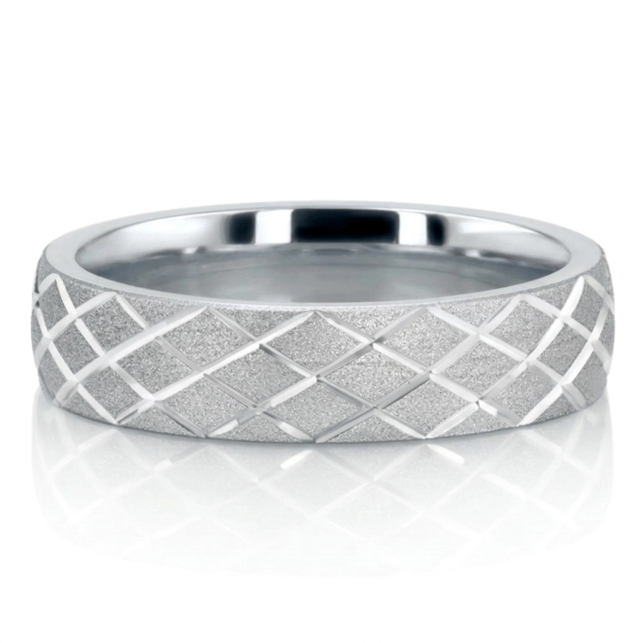 10K white gold 5mm. sand blast fancy-carved-diamond-cut-wedding-band - alternate view 3
