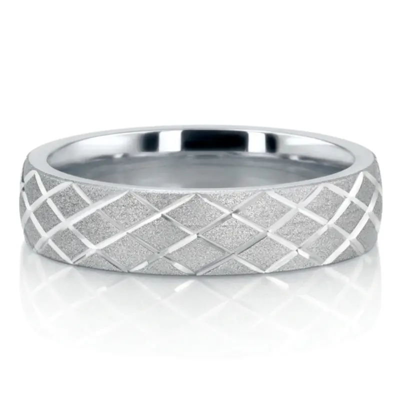 10K white gold 5mm. sand blast fancy-carved-diamond-cut-wedding-band - alternate view 3