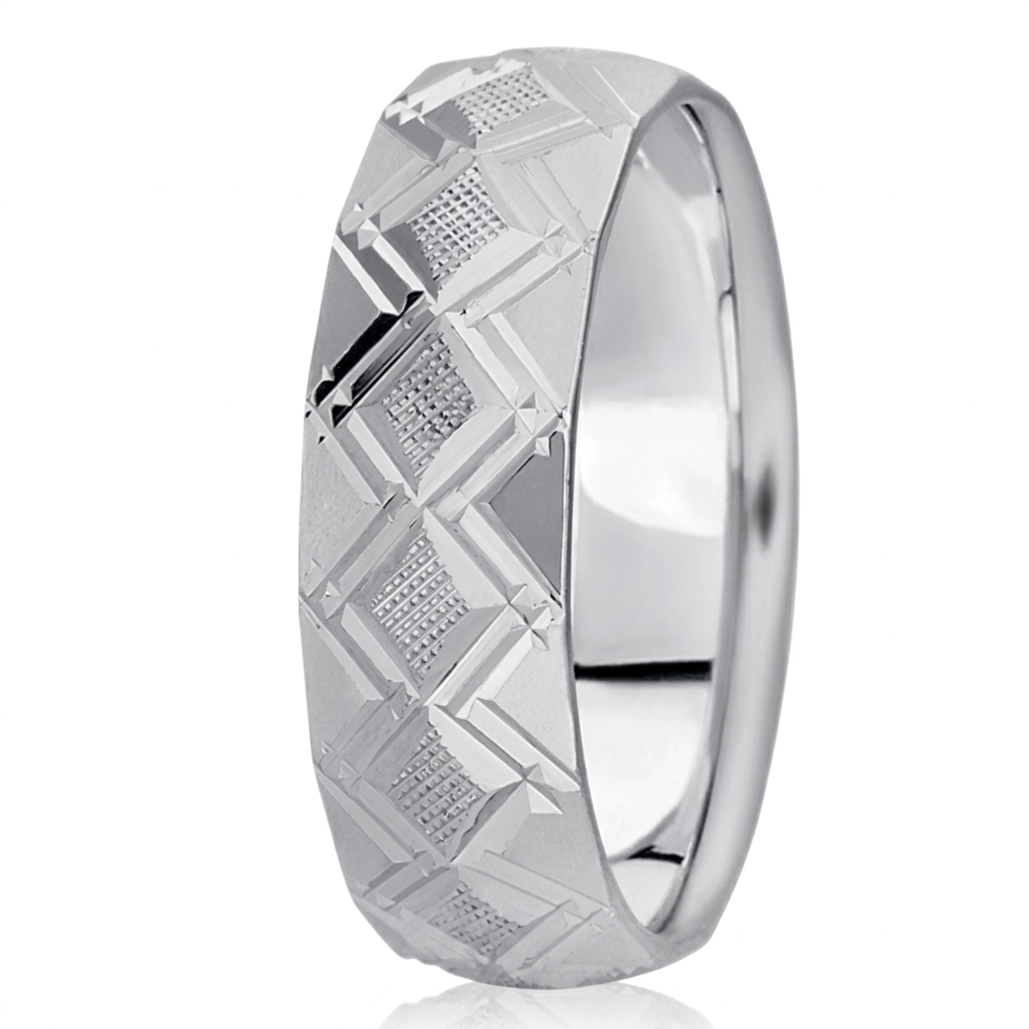 10K white gold 7mm. cross satin diamond-cut-fancy-wedding-band - main view