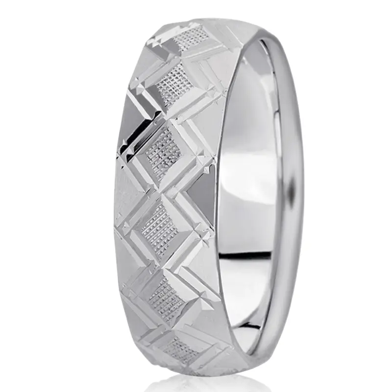 10K white gold 7mm. cross satin diamond-cut-fancy-wedding-band - main view