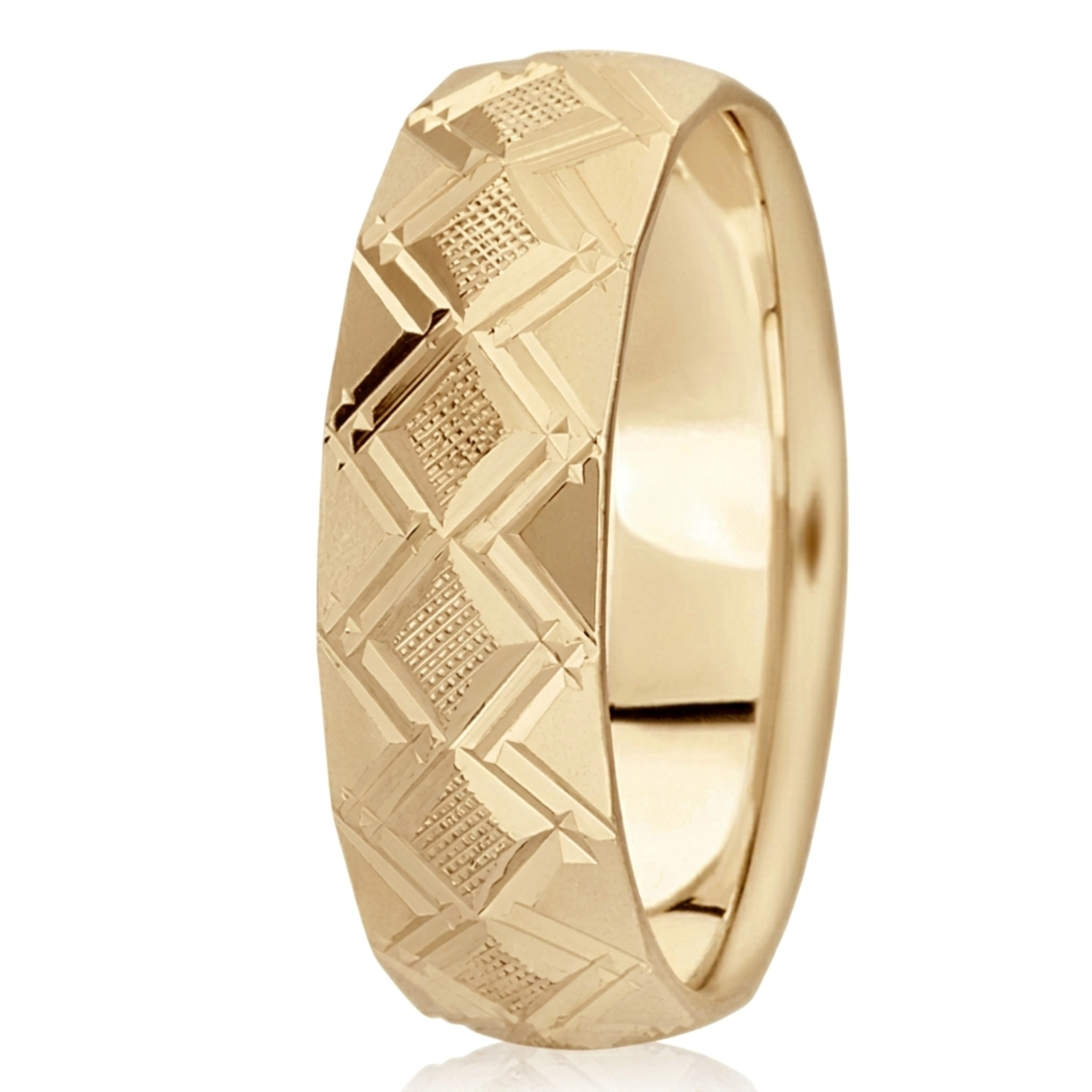 10K yellow gold 7mm. cross satin diamond-cut-fancy-wedding-band - alternate view 2
