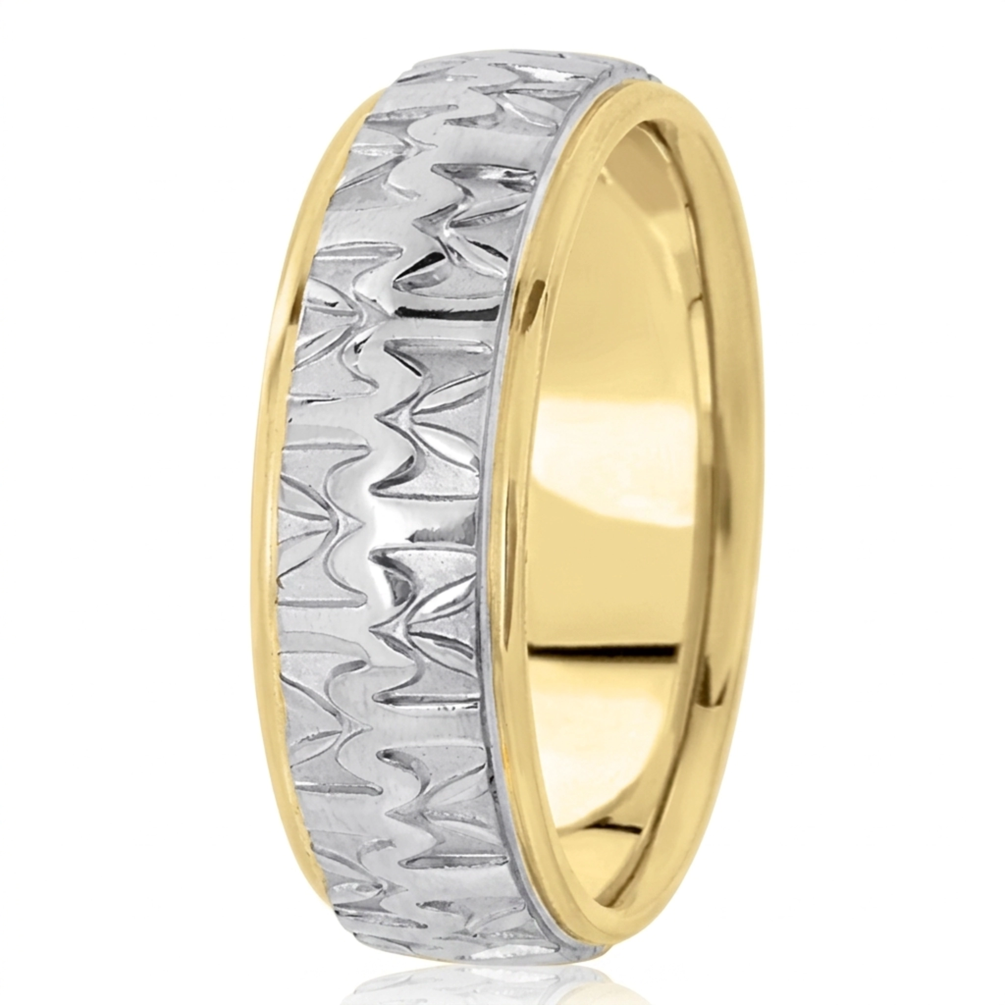 10K yellow-white-yellow gold 7mm. high polish diamond-cut-fancy-carved-wedding-band - alternate view 4