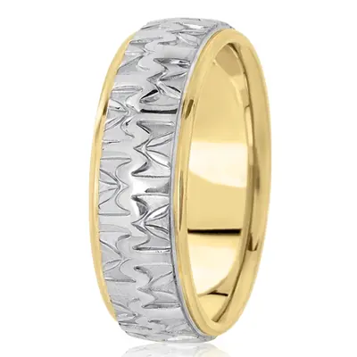 10K yellow-white-yellow gold 7mm. high polish diamond-cut-fancy-carved-wedding-band - alternate view 4 thumbnail