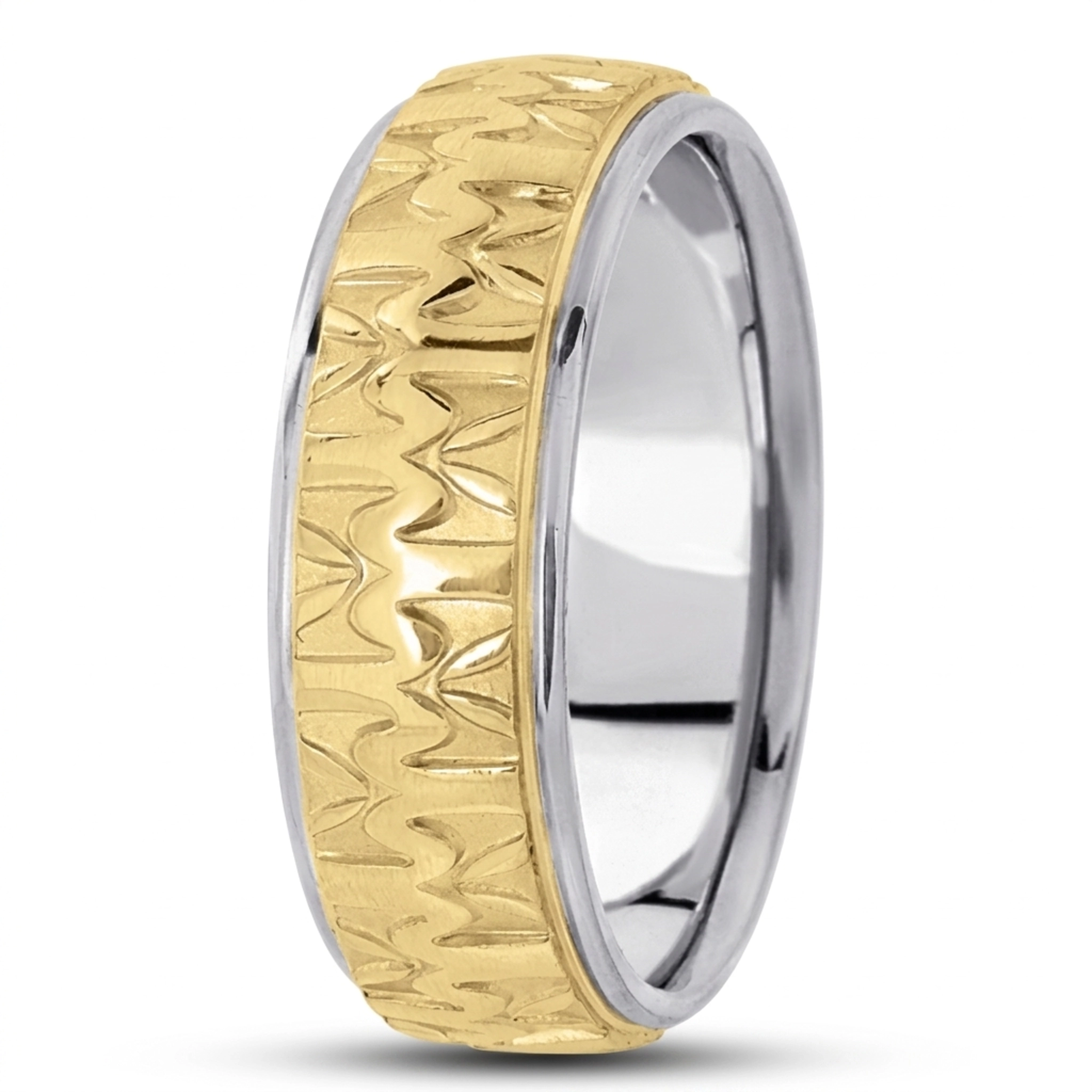 10K white-yellow-white gold 7mm. high polish diamond-cut-fancy-carved-wedding-band - alternate view 3