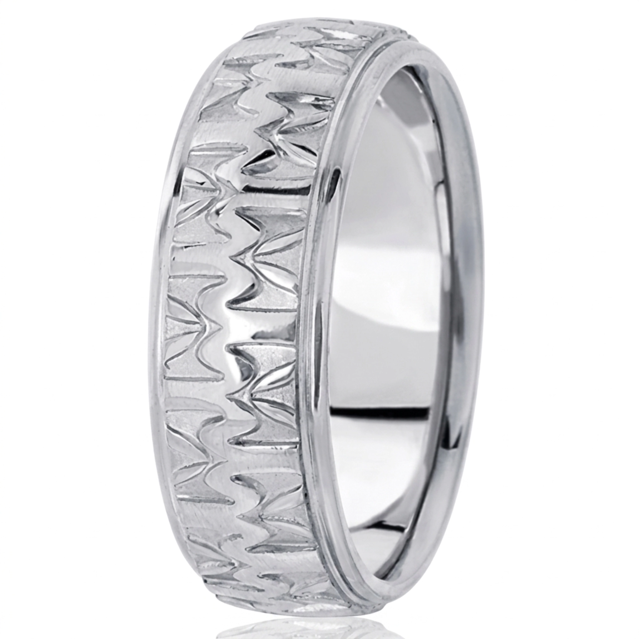 10K white gold 7mm. high polish diamond-cut-fancy-carved-wedding-band - alternate view 2