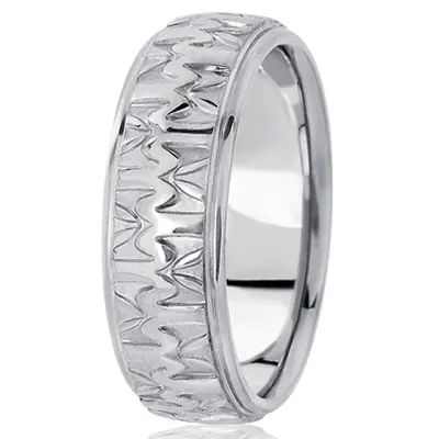 10K white gold 7mm. high polish diamond-cut-fancy-carved-wedding-band - alternate view 2 thumbnail
