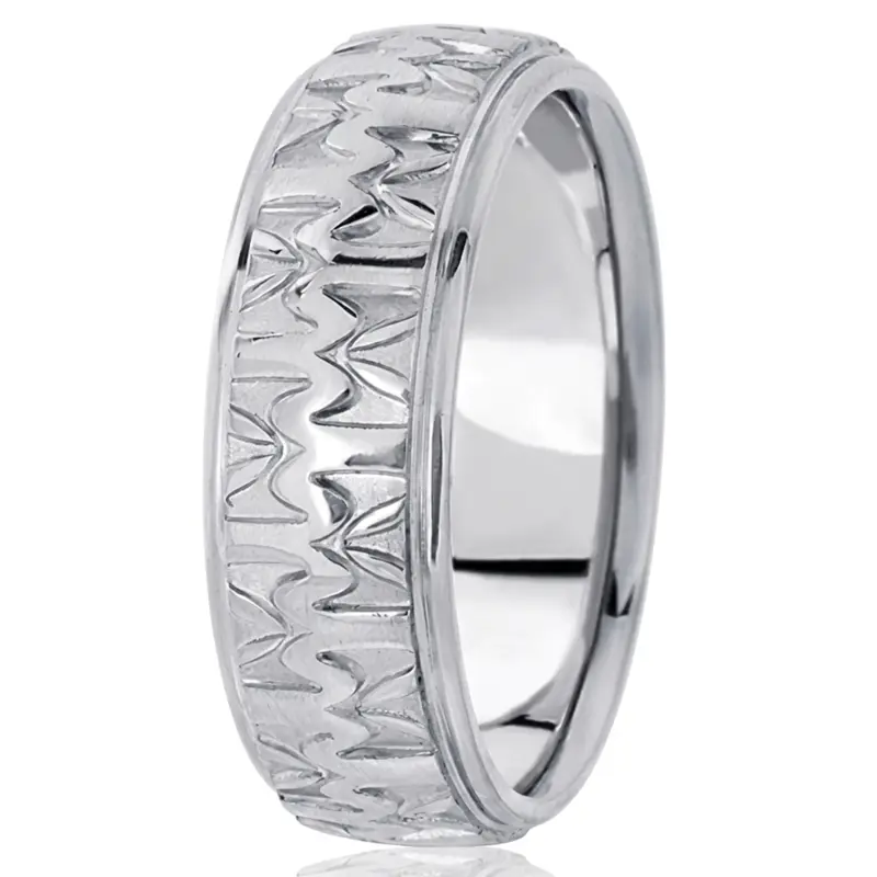 10K white gold 7mm. high polish diamond-cut-fancy-carved-wedding-band - alternate view 2