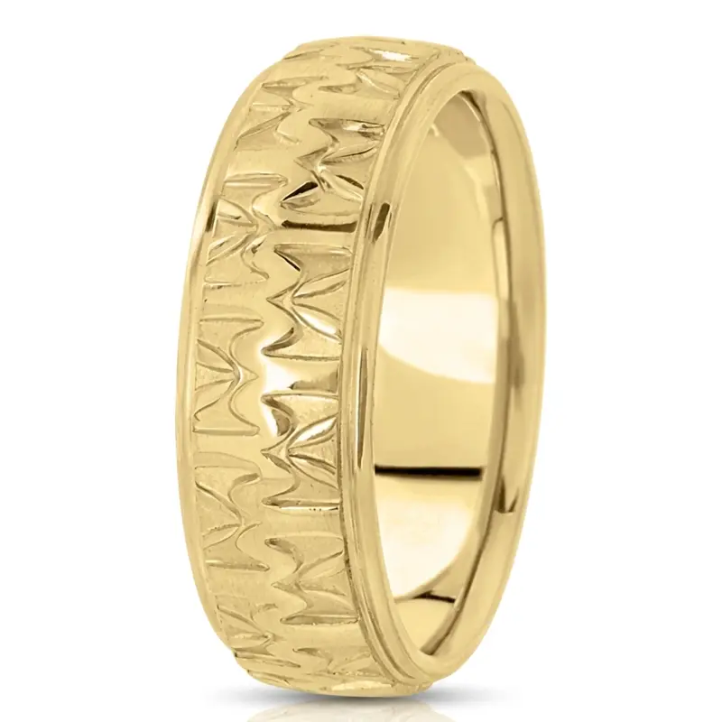10K yellow gold 7mm. high polish diamond-cut-fancy-carved-wedding-band - main view
