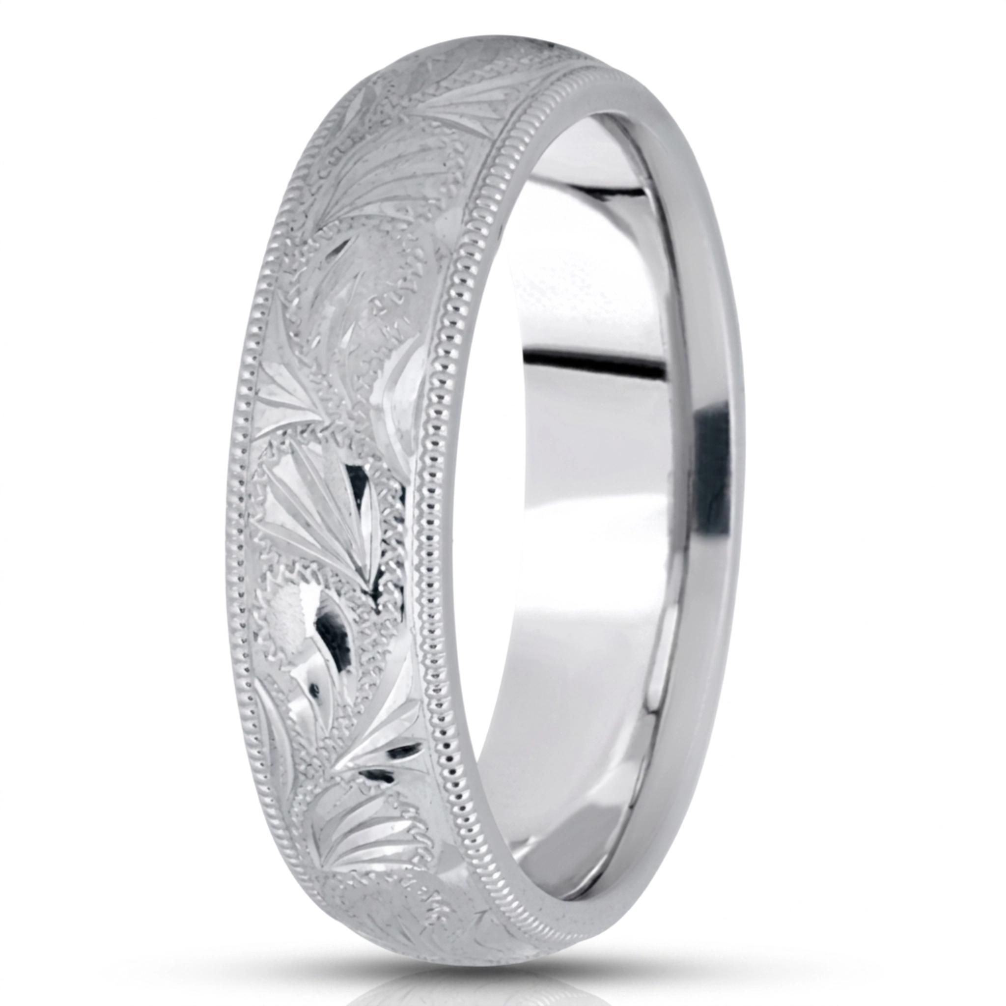 10K white gold 6mm. cross satin fancy-carved-hand-engraved-wedding-ring - alternate view 2