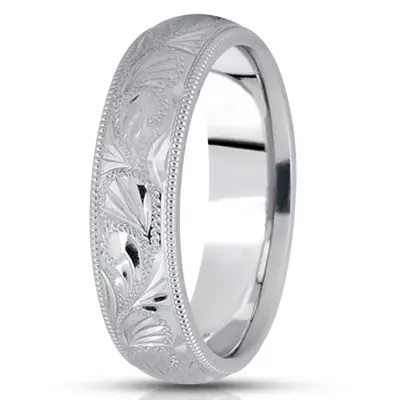 10K white gold 6mm. cross satin fancy-carved-hand-engraved-wedding-ring - alternate view 2 thumbnail