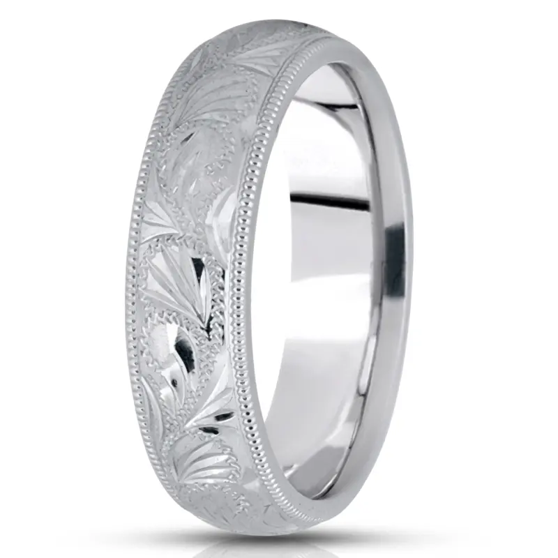 10K white gold 6mm. cross satin fancy-carved-hand-engraved-wedding-ring - alternate view 2