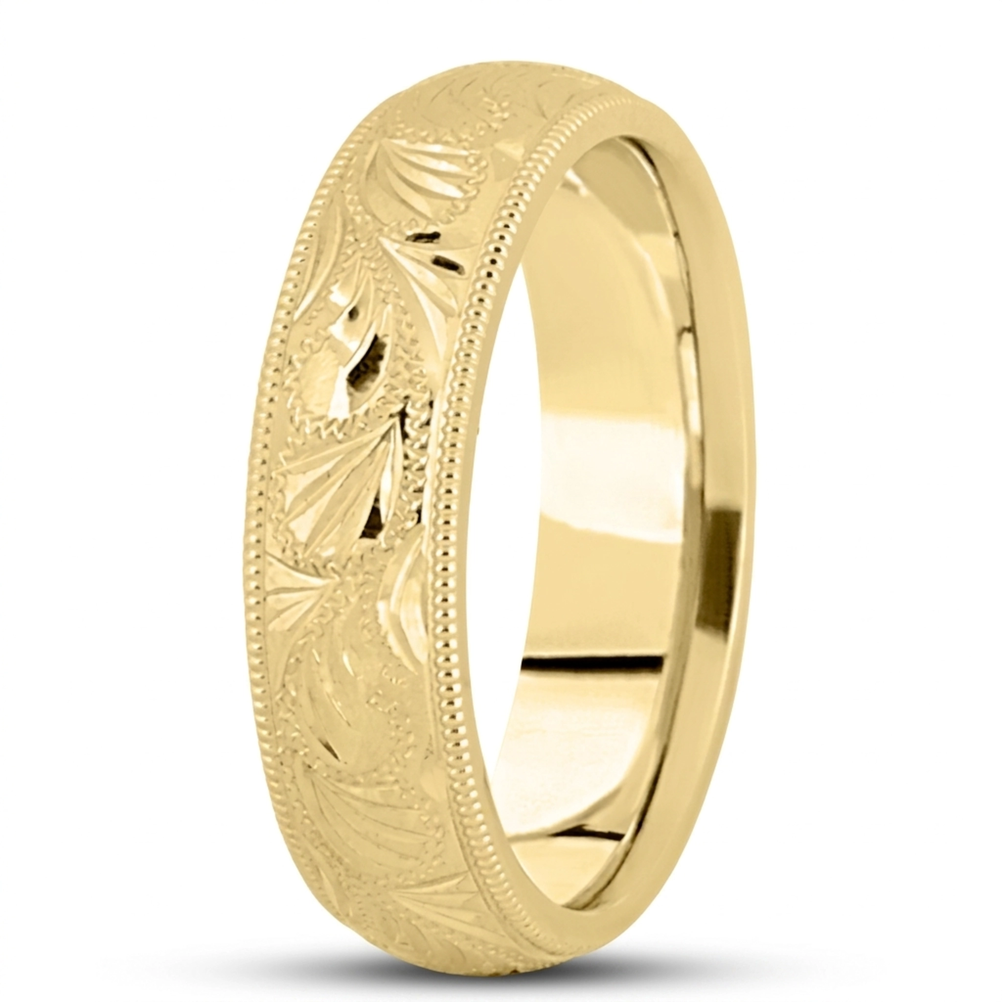 10K yellow gold 6mm. cross satin fancy-carved-hand-engraved-wedding-ring - main view