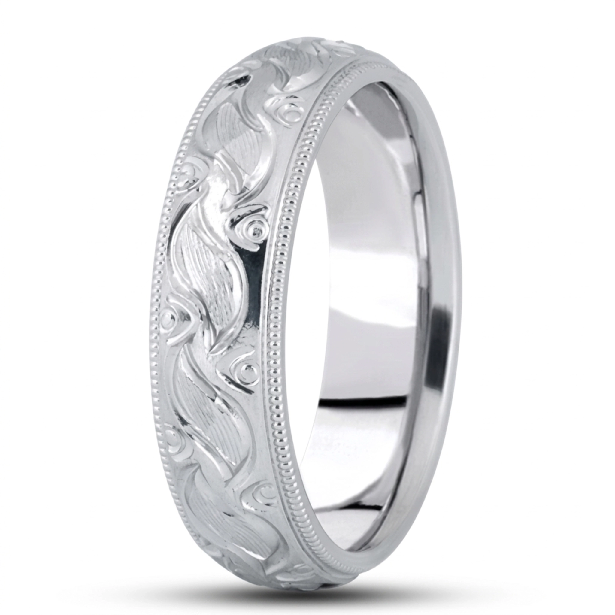 10K white gold 6mm. satin finish fancy-carved-hand-engraved-wedding-band - main view