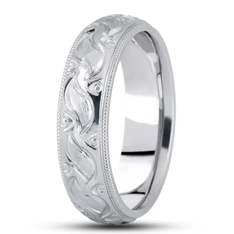 14K white gold 6mm. satin finish fancy-carved-hand-engraved-wedding-band - main view