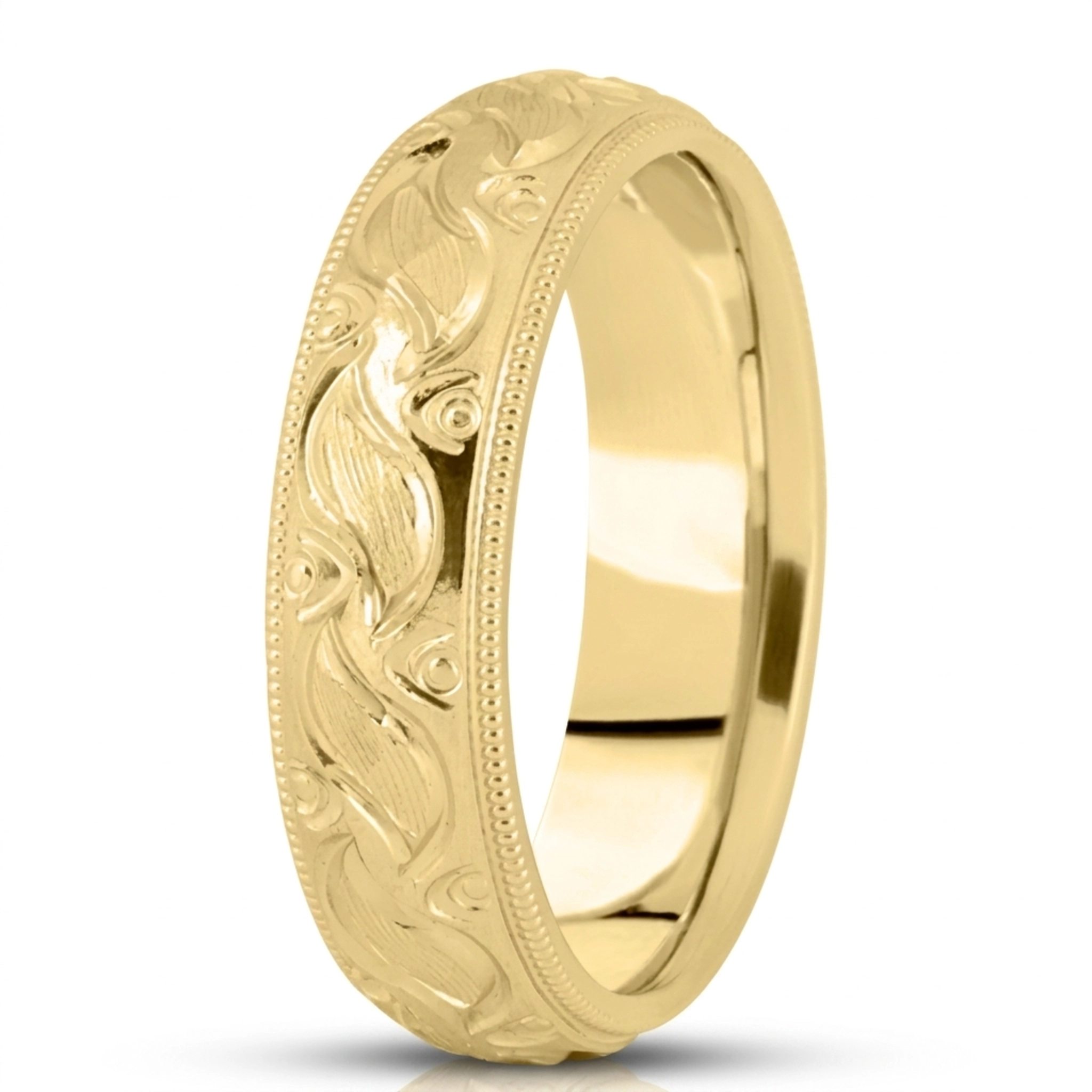10K yellow gold 6mm. satin finish fancy-carved-hand-engraved-wedding-band - alternate view 2