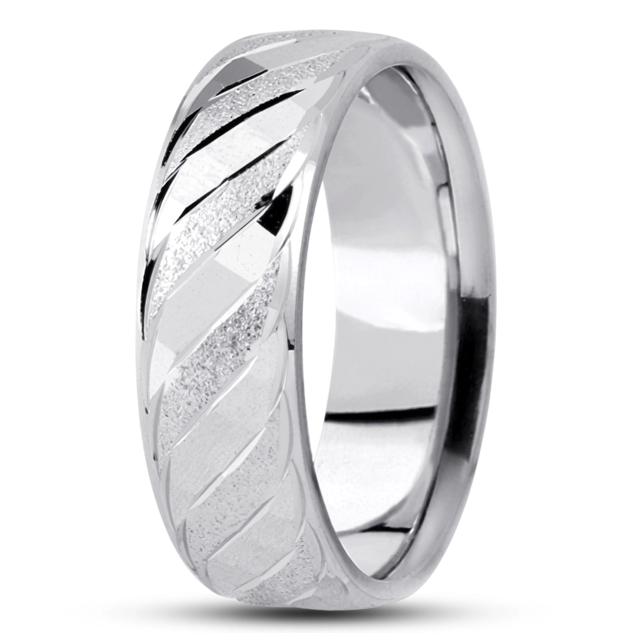 10K white gold 7mm. stone finish fancy-carved-diamond-cut-wedding-band - alternate view 2